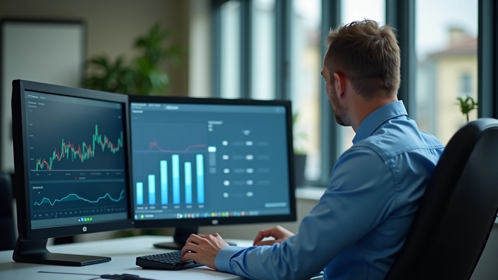 Person analyzing financial data on multiple screens in modern office environment