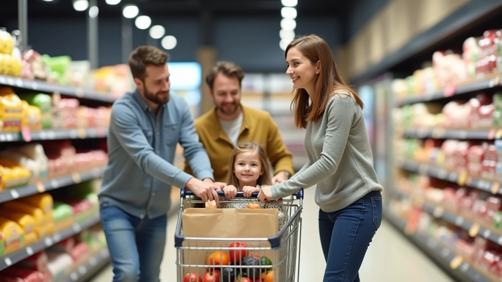 Family shopping in supermarket considering purchasing power and living costs