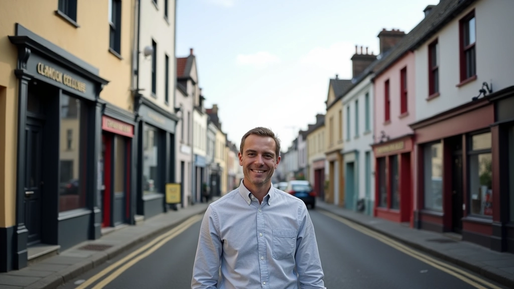 Street view of Irish town with shops and buildings, daytime, clear weather