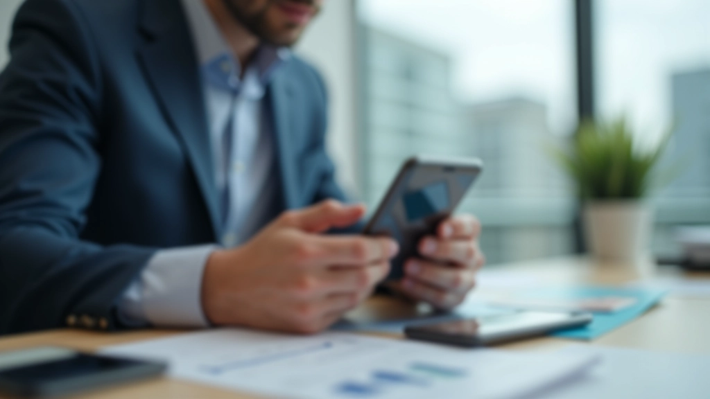 Smartphone displaying banking app with payment interface, person holding phone at desk